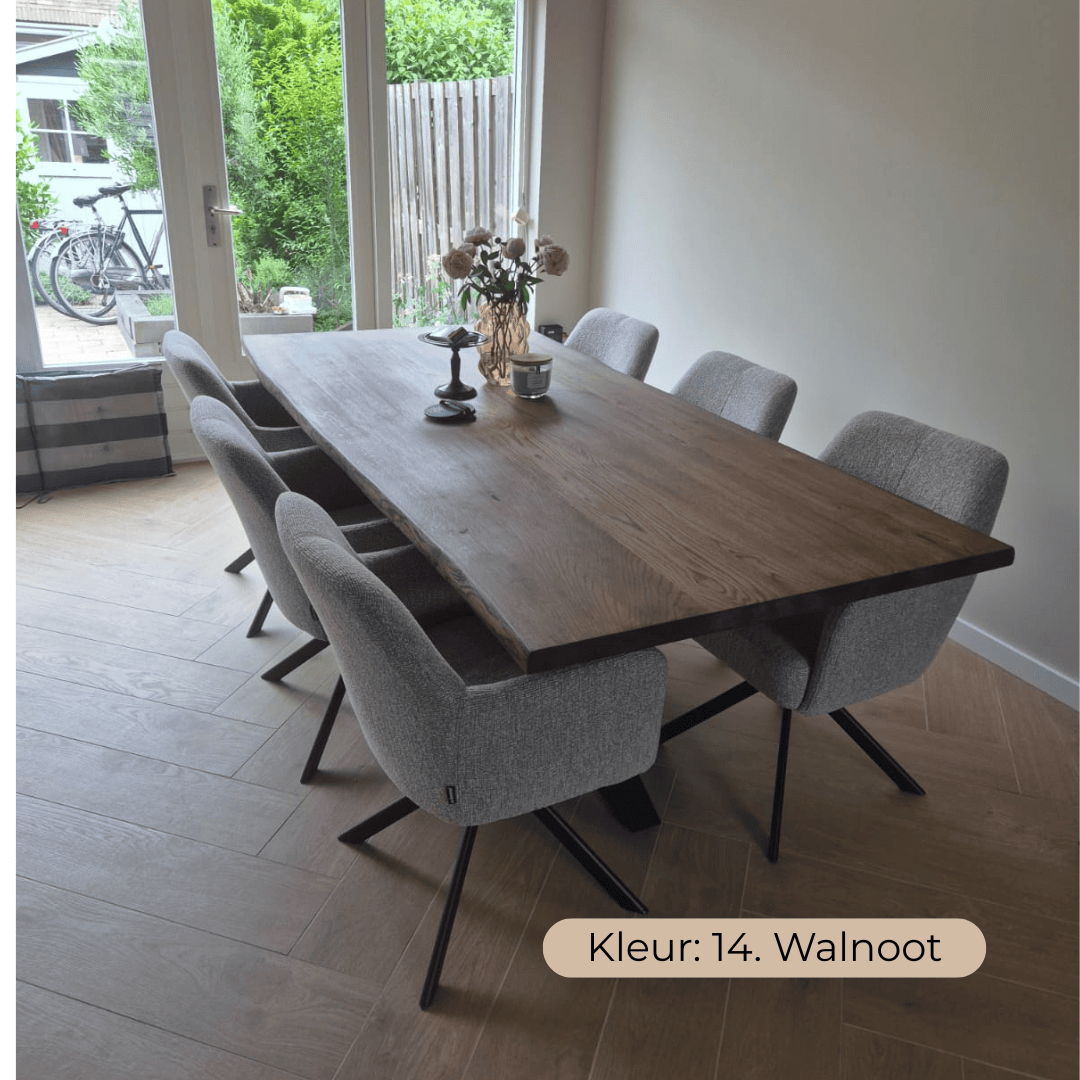 Massief eiken tafel boomstamkant met stalen matrixpoot - Afbeelding 11