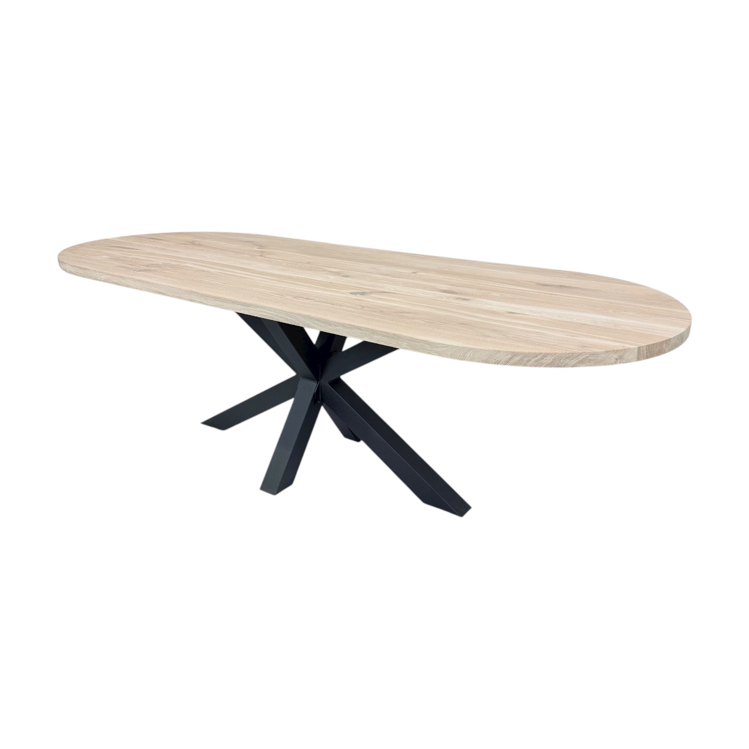 Massief Brits ovale eiken tafel met stalen matrixpoot