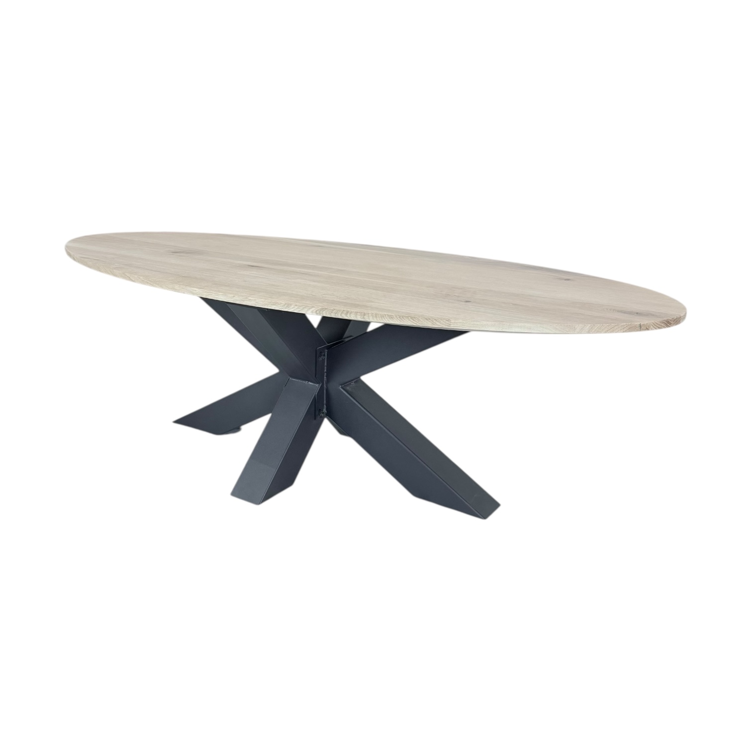 Eiken ovale salontafel met stalen matrix poot